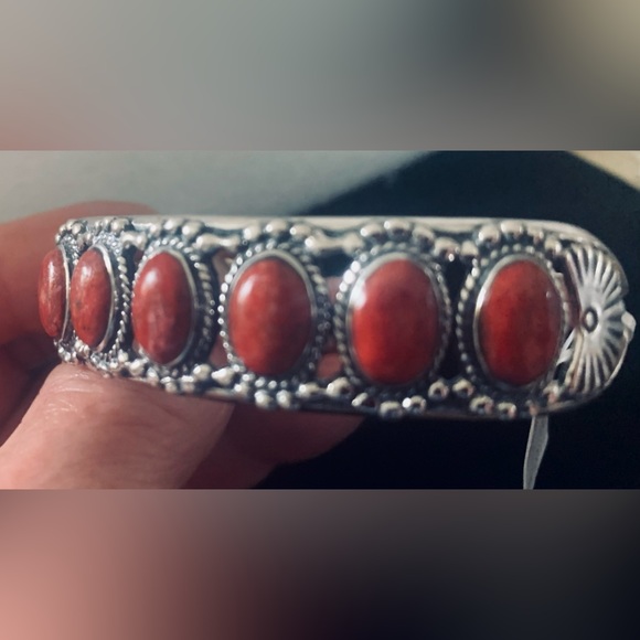 Authentic Santa Fe Style Coral Gemstone Cuff Bracelet in 925 Sterling Silver - Picture 8 of 12